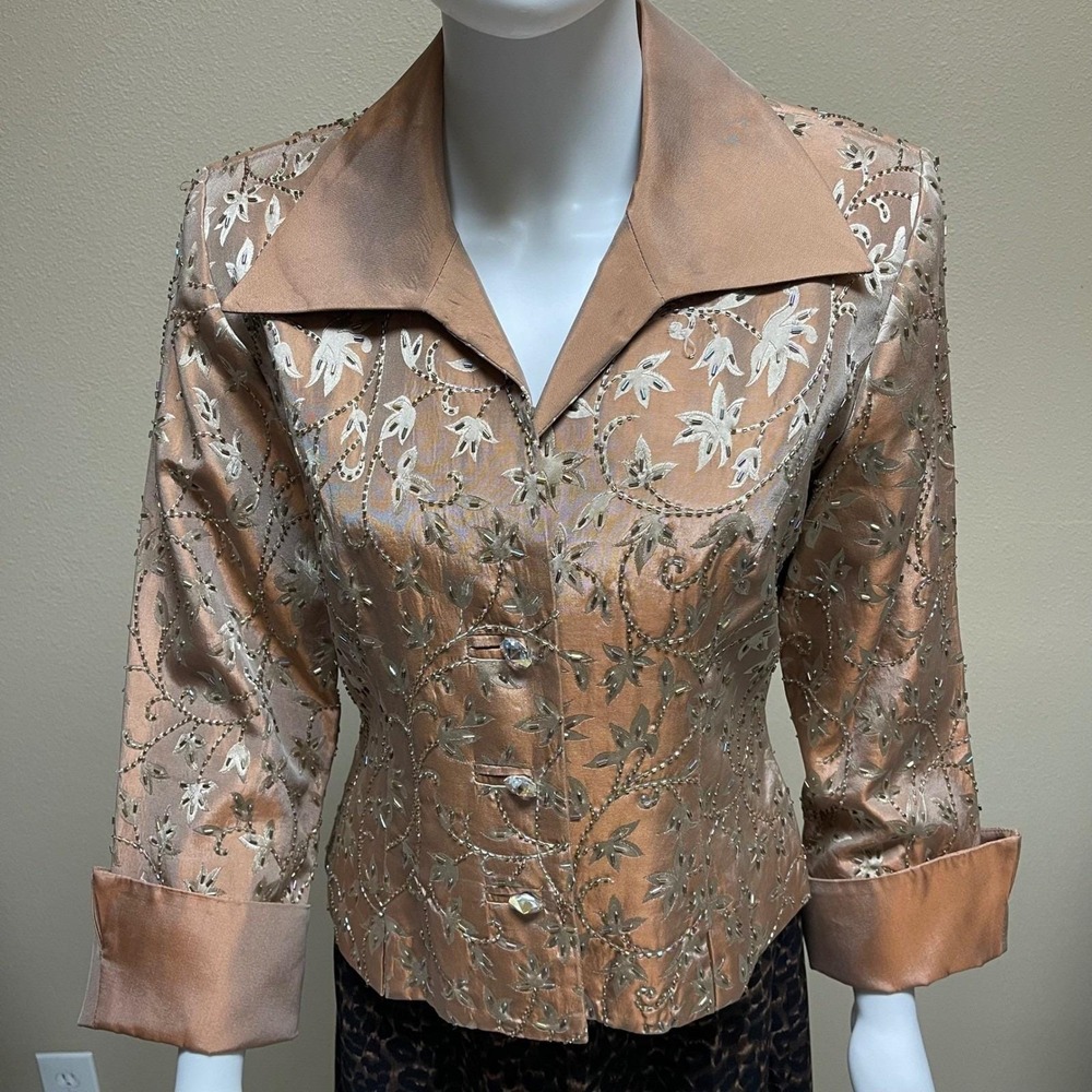 NWT 80s Brocade Jacket Beaded Embroidered Floral Satin Collar Cuffs Size 10